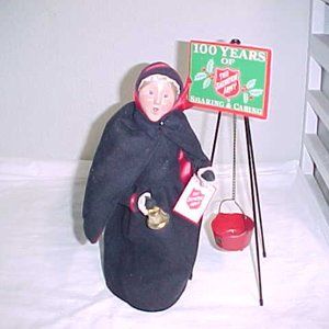 Signed BYERS CHOICE Salvation Army Lady Bell Ringer Caroler w/ Stand Sign Bucket